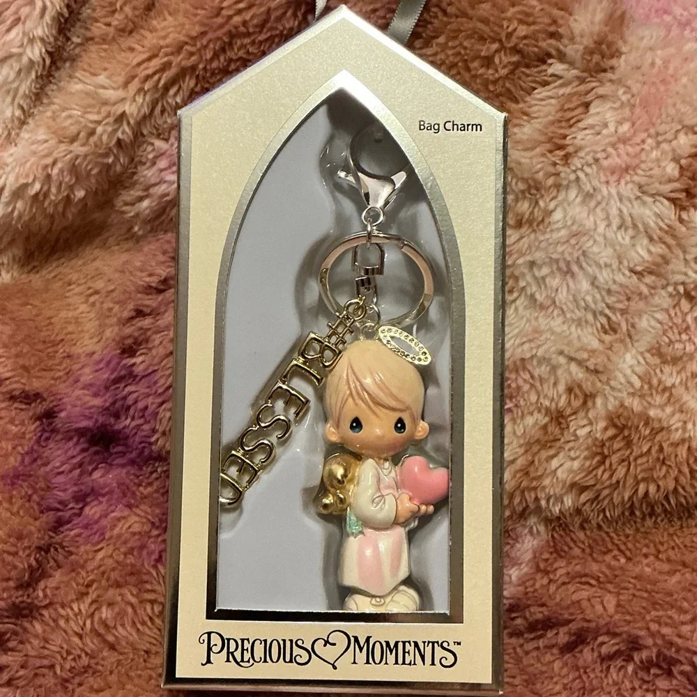 Precious Moments Pastel Pink Heart Angel Bag Charm with Gold 'BLESS' Tag